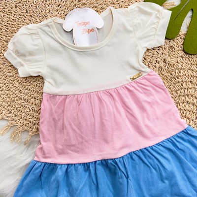 Vestido Três Marias com Tapa Fralda - Off White, Rosa e Azul